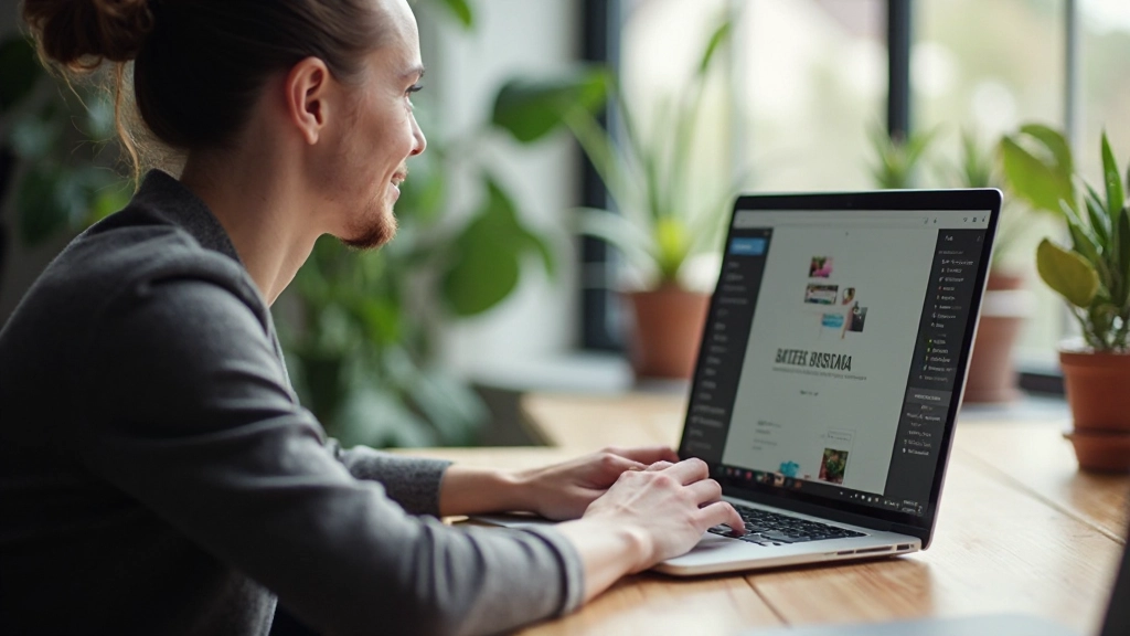 Designer working on laptop with portfolio website displayed on screen in modern workspace with plants