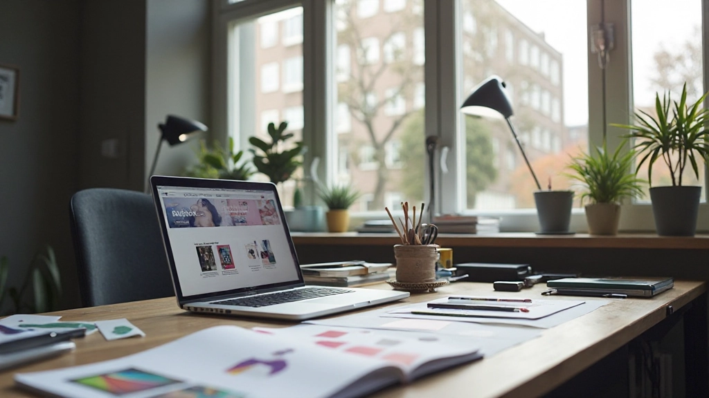 Creatieve workspace met design tools en portfolio mockup's op grote monitor, natuurlijk licht door grote ramen, inspirerend bureau omgeving