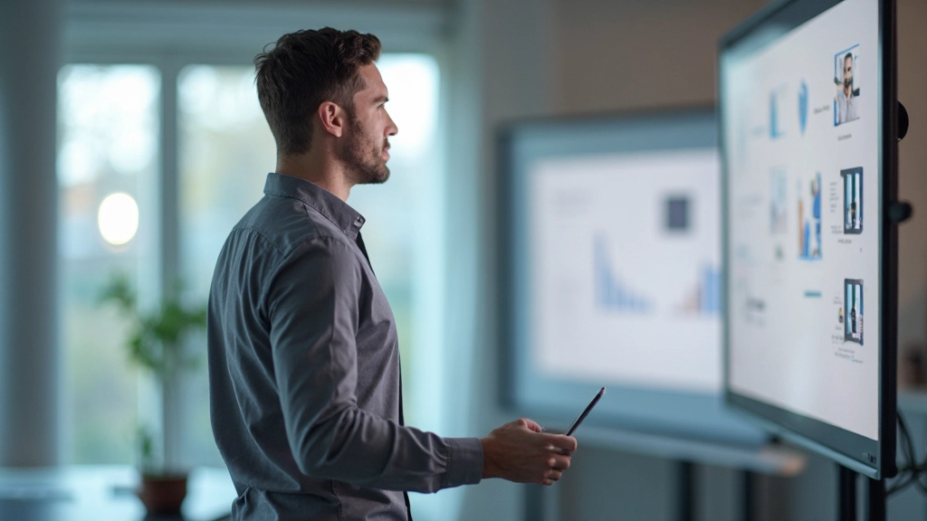 Designer presenteert case study aan klanten met scherm, grafische wireframes en project flow diagram zichtbaar